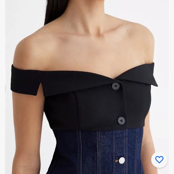Express Blouse Women Blue Denim Twill Off the Shoulder Button Front Corset Top 2 - Picture 2 of 6